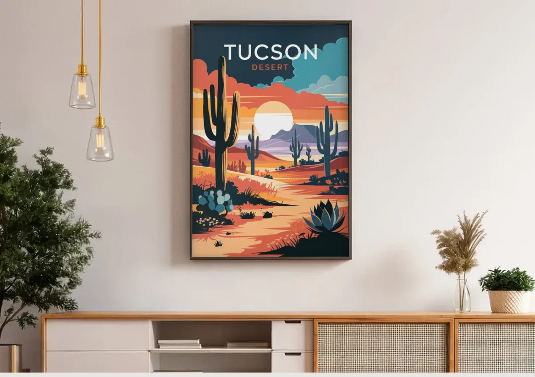 Tucson Desert Sunset canvas wall art above a wooden sideboard under pendant lights
