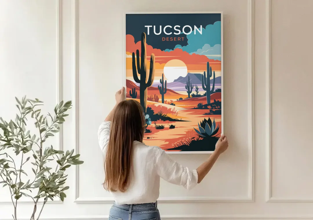 Tucson Desert Sunset canvas wall art being hung on a paneled wall