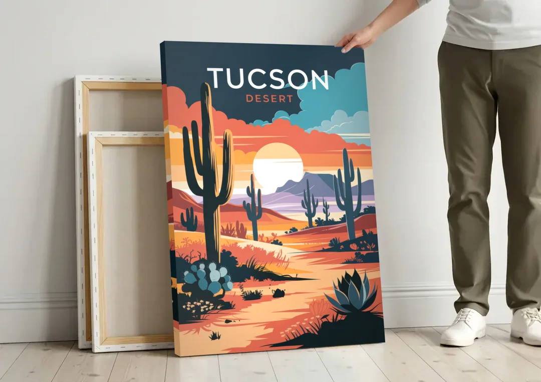 Tucson Desert Sunset canvas wall art leaning against a wall next to blank canvases