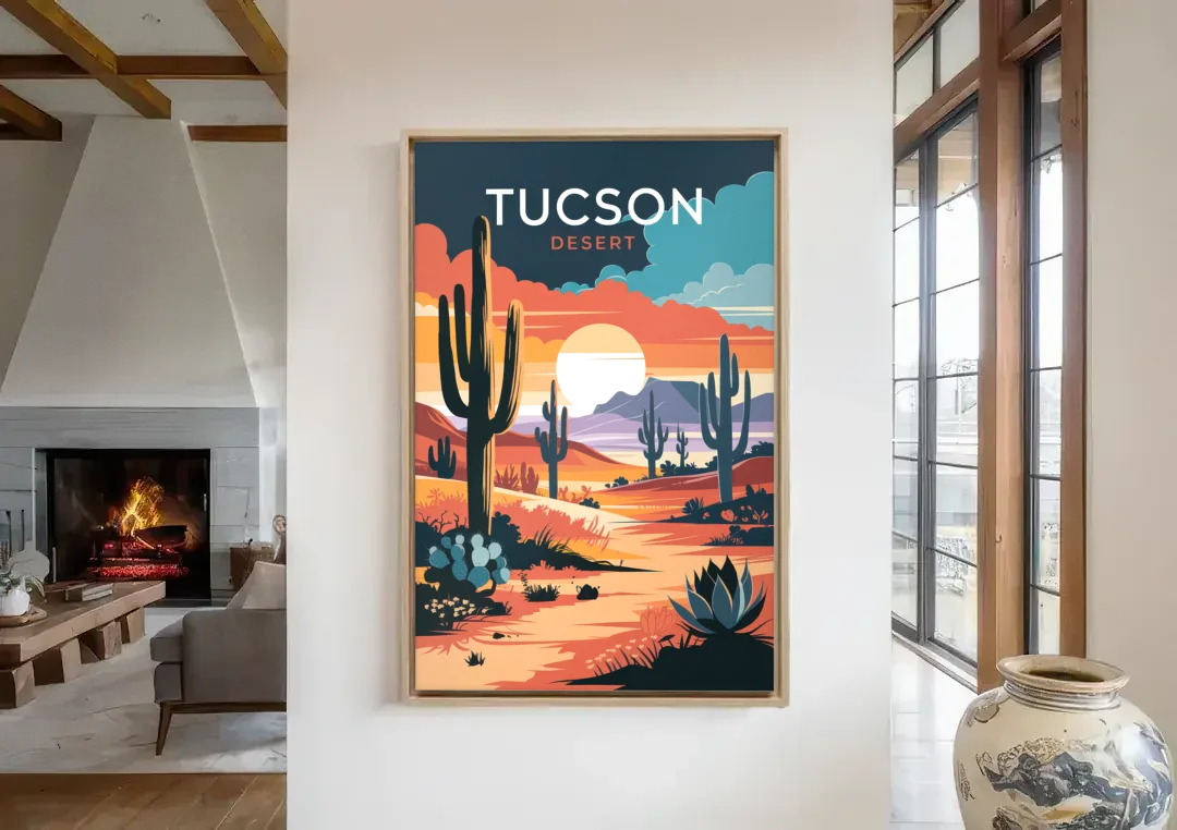 Tucson Desert Sunset canvas wall art in a living room with a fireplace