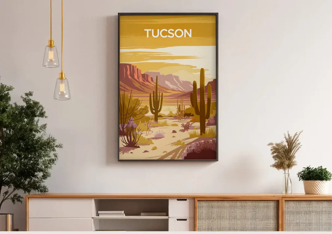 Tucson Mountain Views canvas wall art above a wooden sideboard under pendant lights