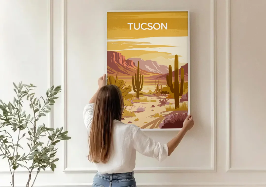Tucson Mountain Views canvas wall art being hung on a paneled wall