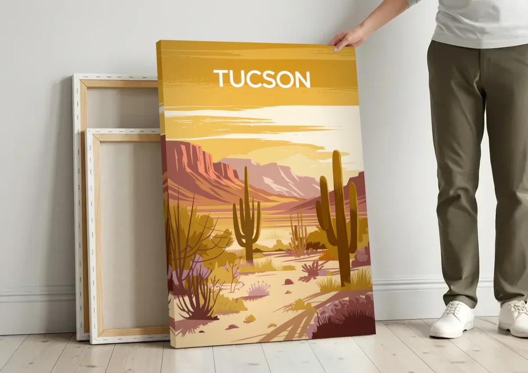 Tucson Mountain Views canvas wall art leaning against a wall next to blank canvases