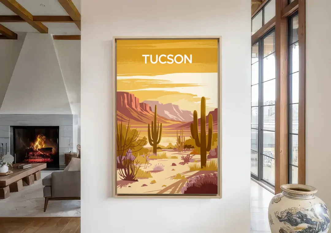 Tucson Mountain Views canvas wall art in a living room with a fireplace