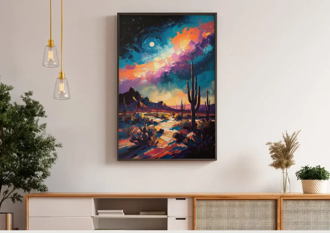 Tucson Night Sky canvas wall art above a wooden sideboard under pendant lights