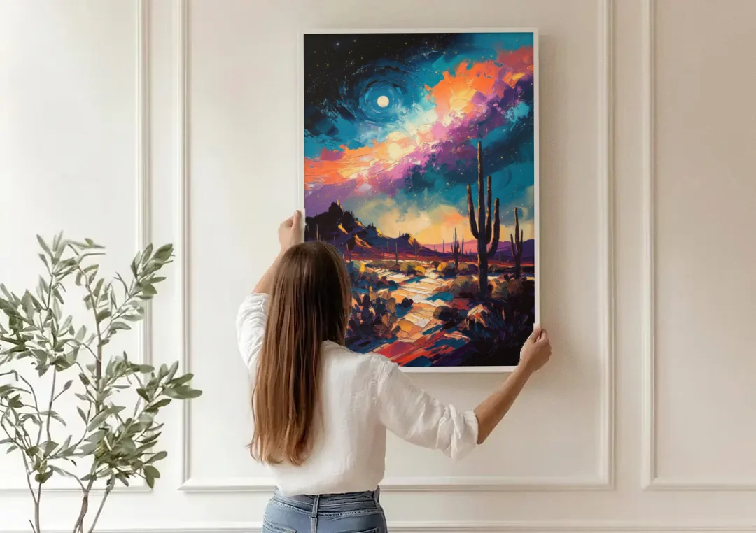 Tucson Night Sky canvas wall art being hung on a paneled wall