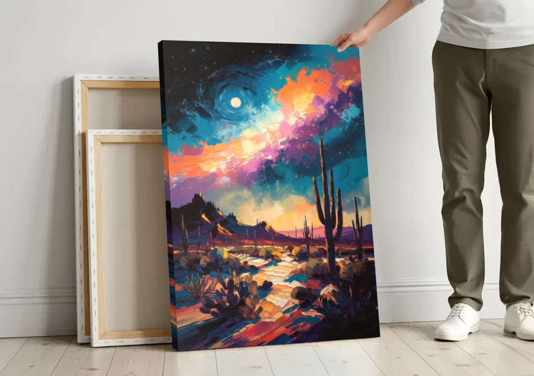 Tucson Night Sky canvas wall art leaning against a wall next to blank canvases