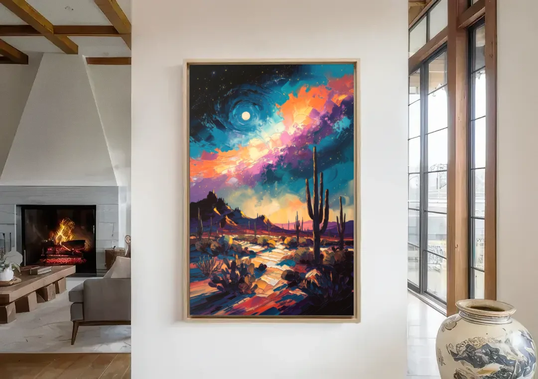 Tucson Night Sky canvas wall art in a living room with a fireplace