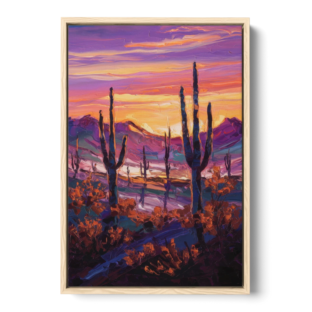 Tucson Saguaro Silhouettes - Oak Framed Canvas Wall Art - Front