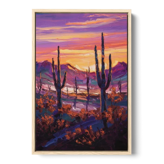 Tucson Saguaro Silhouettes - Oak Framed Canvas Wall Art - Front