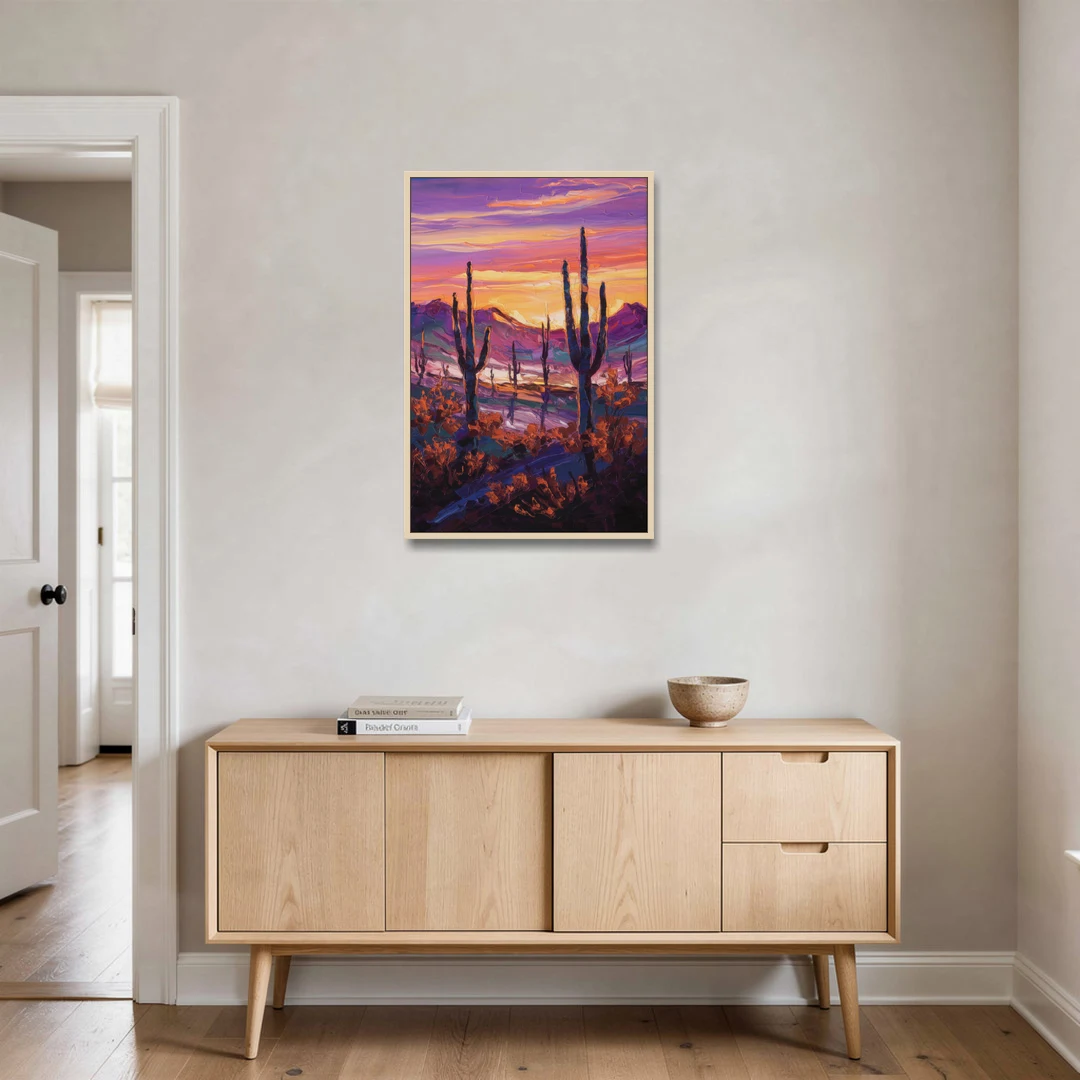 Tucson Saguaro Silhouettes - Oak Framed Canvas Wall Art - Coffee Table - 24x36
