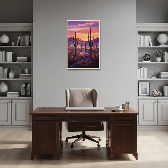 Tucson Saguaro Silhouettes - Oak Framed Canvas Wall Art - Office - 24x36