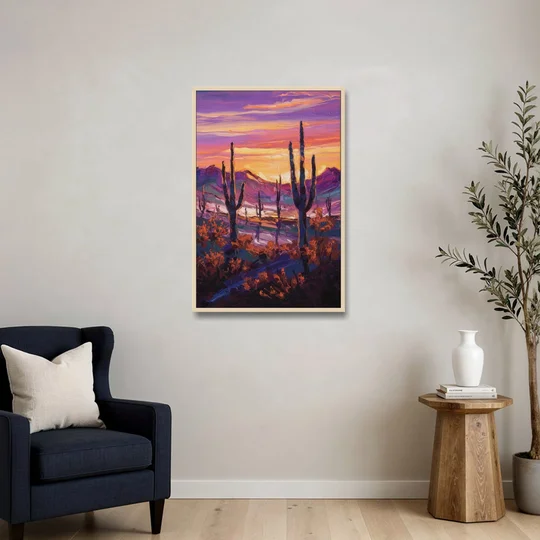 Tucson Saguaro Silhouettes - Oak Framed Canvas Wall Art - Sofa - 24x36