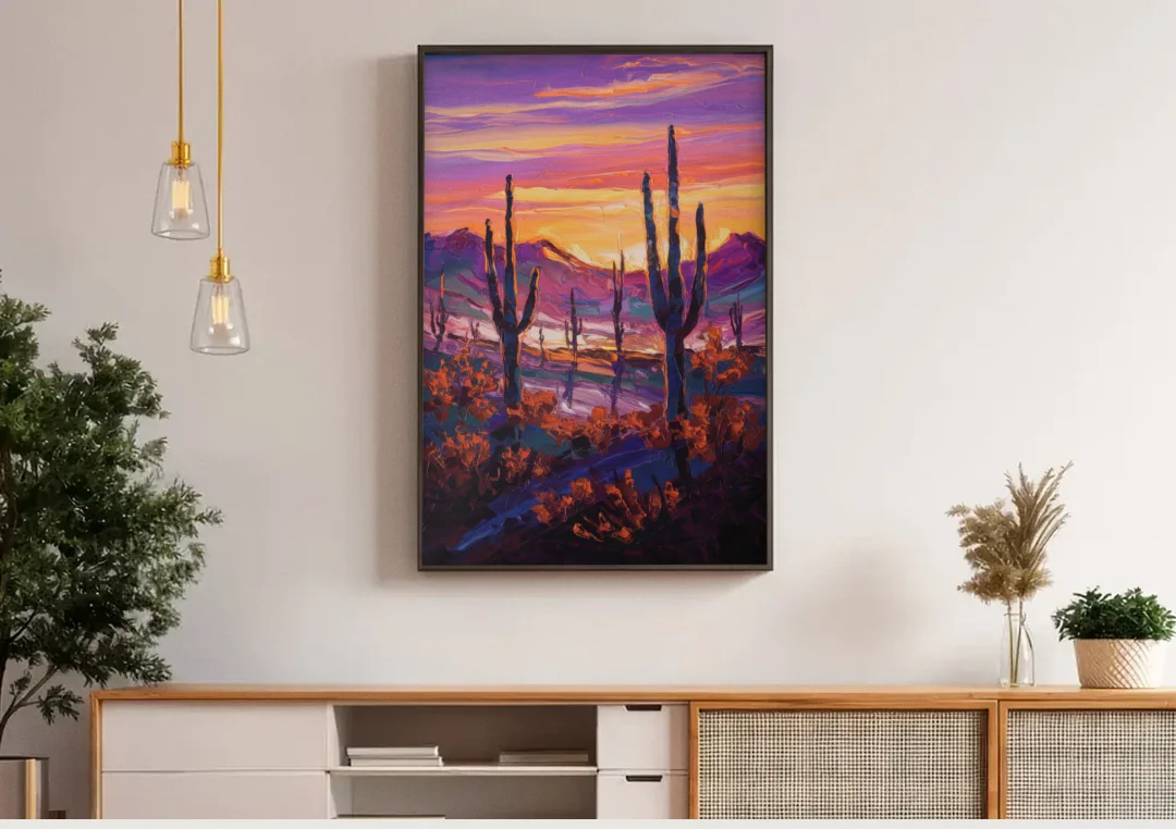 Tucson Saguaro Silhouettes canvas wall art above a wooden sideboard under pendant lights