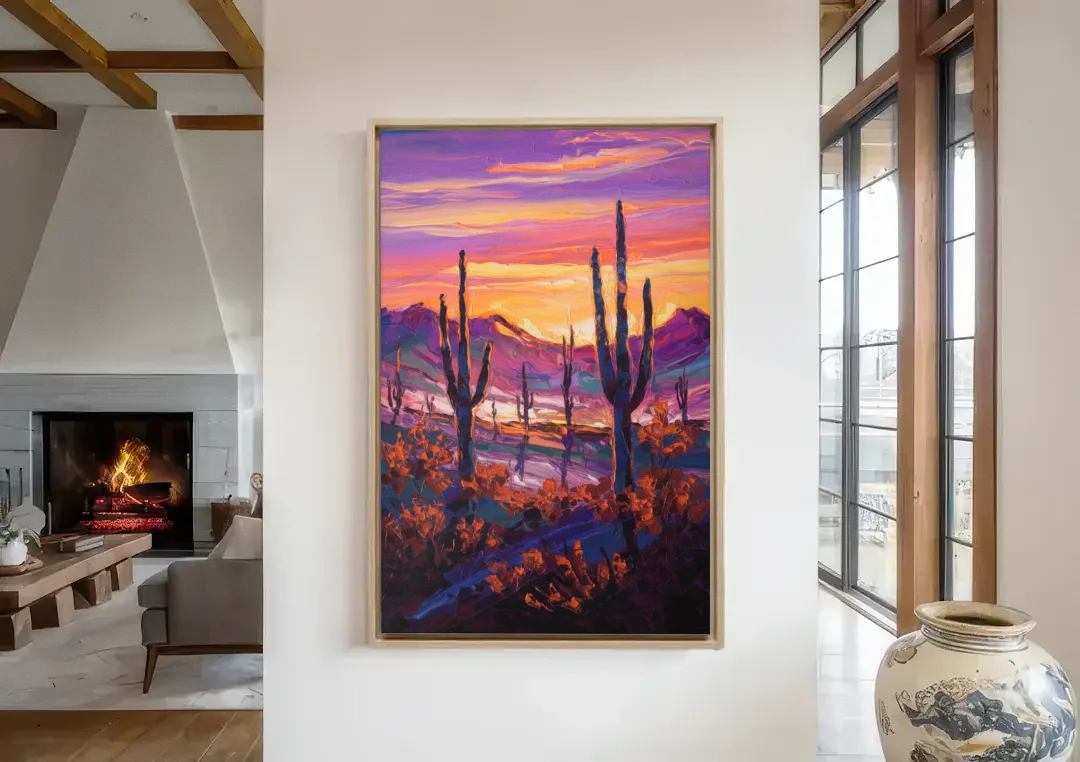 Tucson Saguaro Silhouettes canvas wall art in a living room with a fireplace