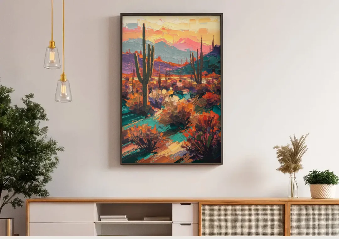 Tucson Sonoran Desert canvas wall art above a wooden sideboard under pendant lights