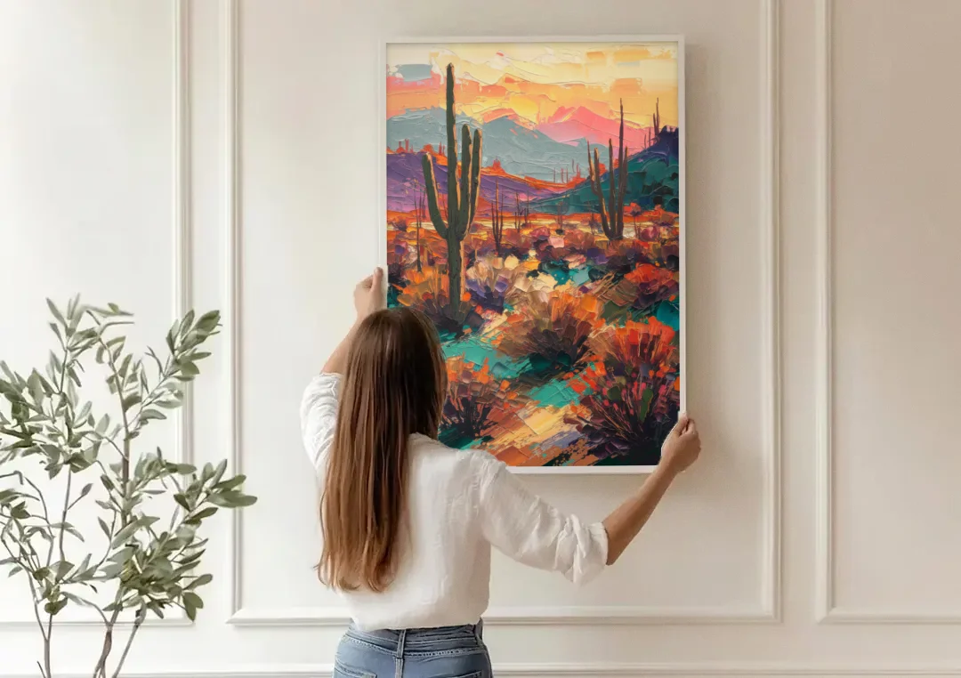 Tucson Sonoran Desert canvas wall art being hung on a paneled wall