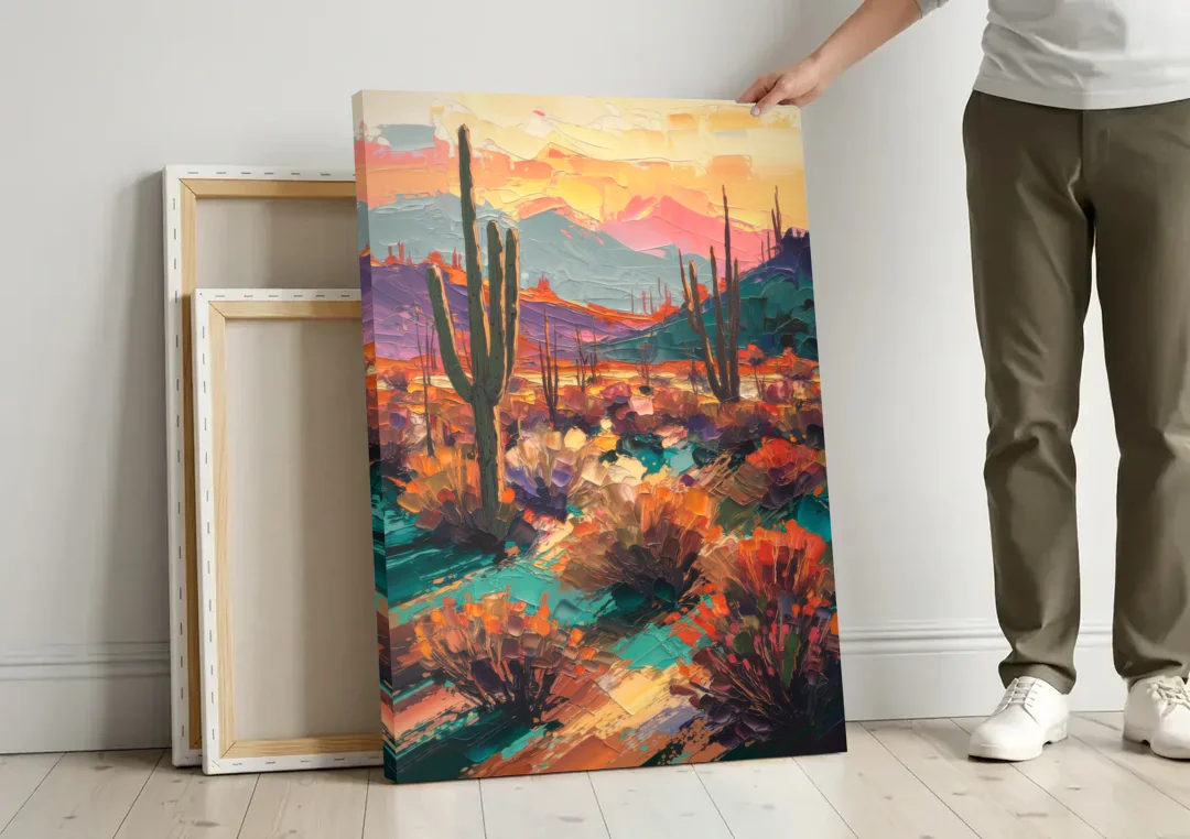 Tucson Sonoran Desert canvas wall art leaning against a wall next to blank canvases