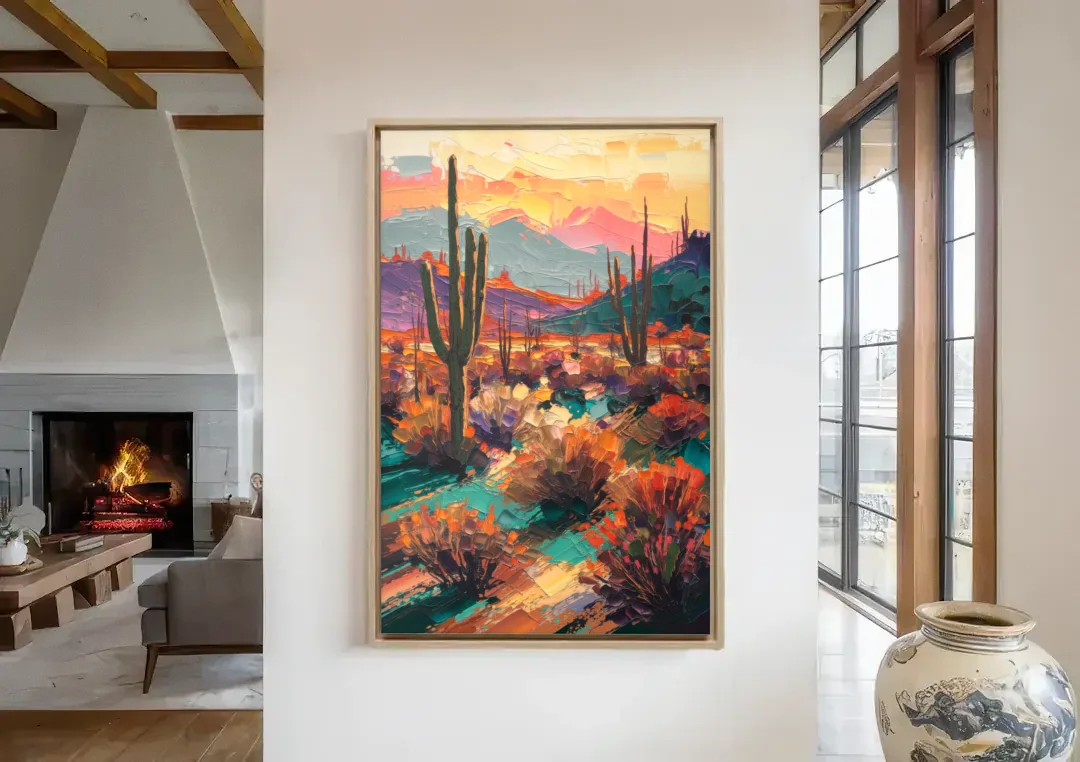 Tucson Sonoran Desert canvas wall art in a living room with a fireplace