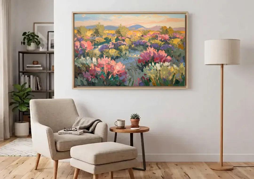 Tucson Wildflower Fields canvas wall art above an armchair in a bright living room