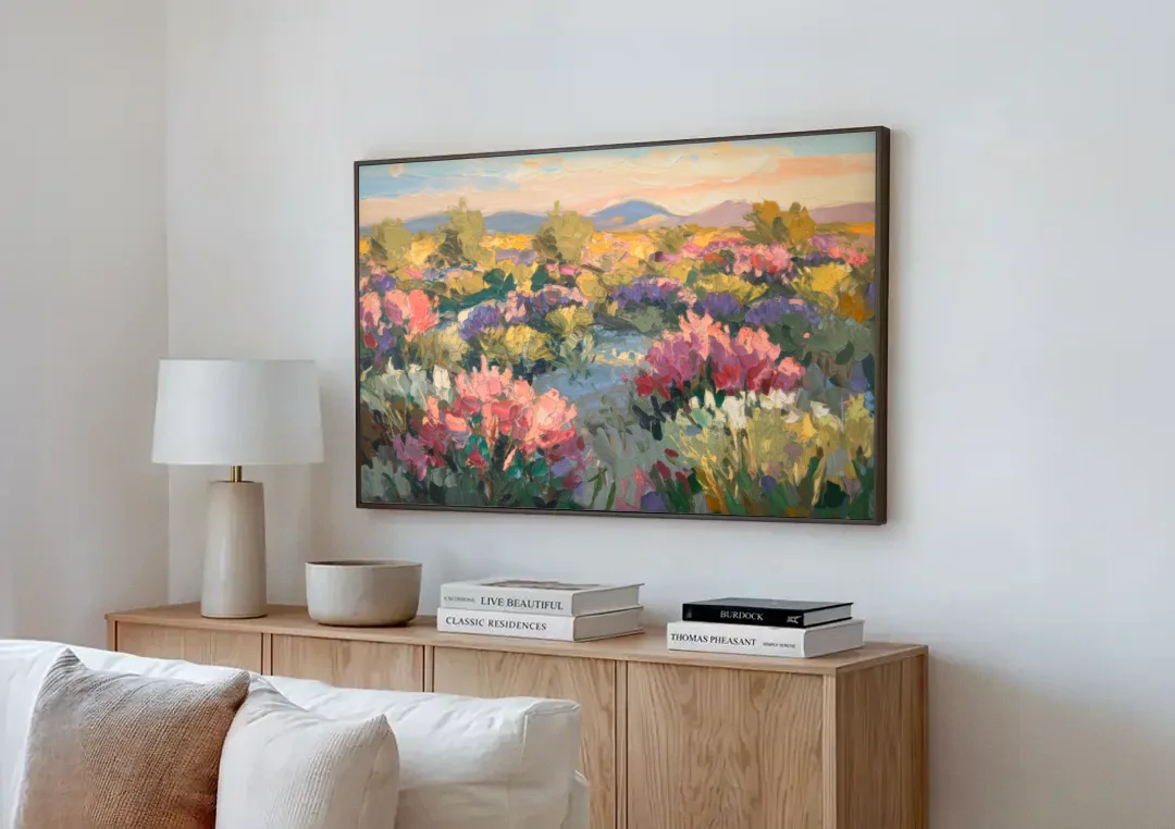 Tucson Wildflower Fields canvas wall art above a wooden sideboard next to a sofa