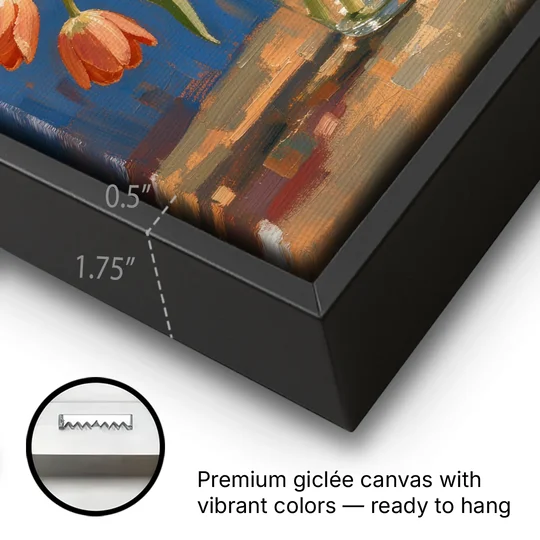 Tulip Painting Canvas in a Clear Glass Vase - Black Framed Canvas Wall Art - Gallery Wrap Corner