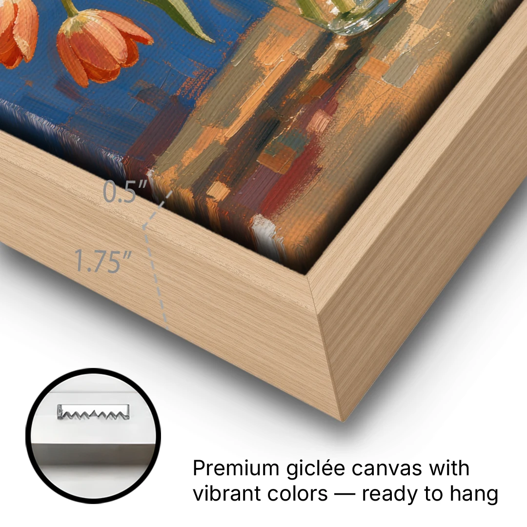 Tulip Painting Canvas in a Clear Glass Vase - Oak Framed Canvas Wall Art - Gallery Wrap Corner