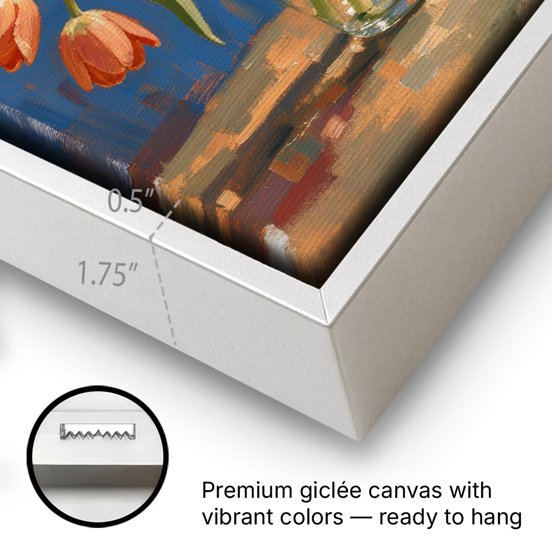 Tulip Painting Canvas in a Clear Glass Vase - White Framed Canvas Wall Art - Gallery Wrap Corner