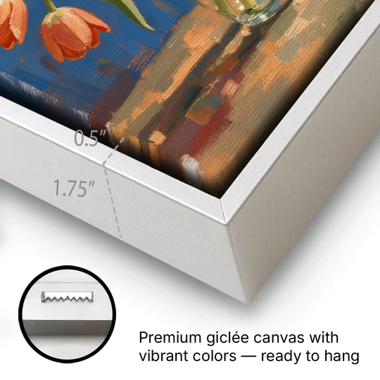 Tulip Painting Canvas in a Clear Glass Vase - White Framed Canvas Wall Art - Gallery Wrap Corner