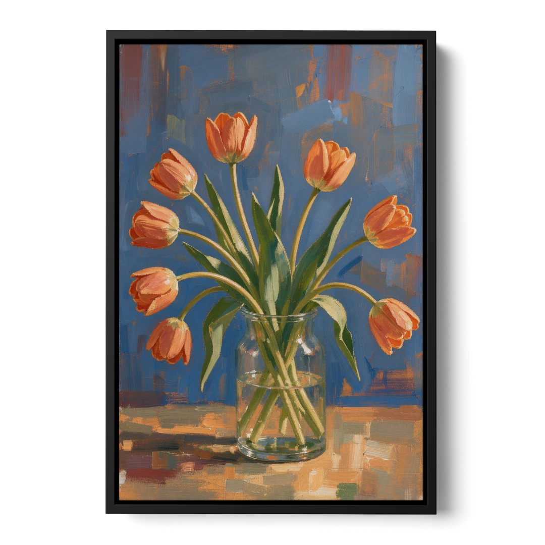 Tulip Painting Canvas in a Clear Glass Vase - Black Framed Canvas Wall Art - Front