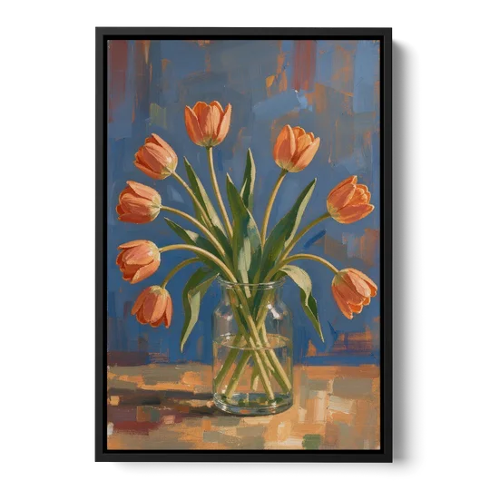 Tulip Painting Canvas in a Clear Glass Vase - Black Framed Canvas Wall Art - Front