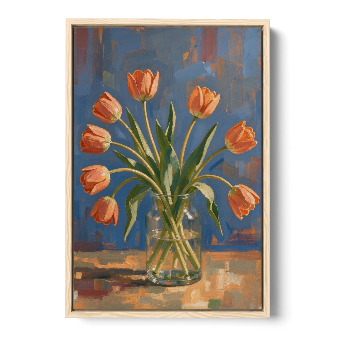 Tulip Painting Canvas in a Clear Glass Vase - Oak Framed Canvas Wall Art - Front