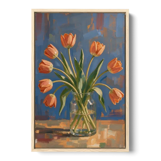 Tulip Painting Canvas in a Clear Glass Vase - Oak Framed Canvas Wall Art - Front