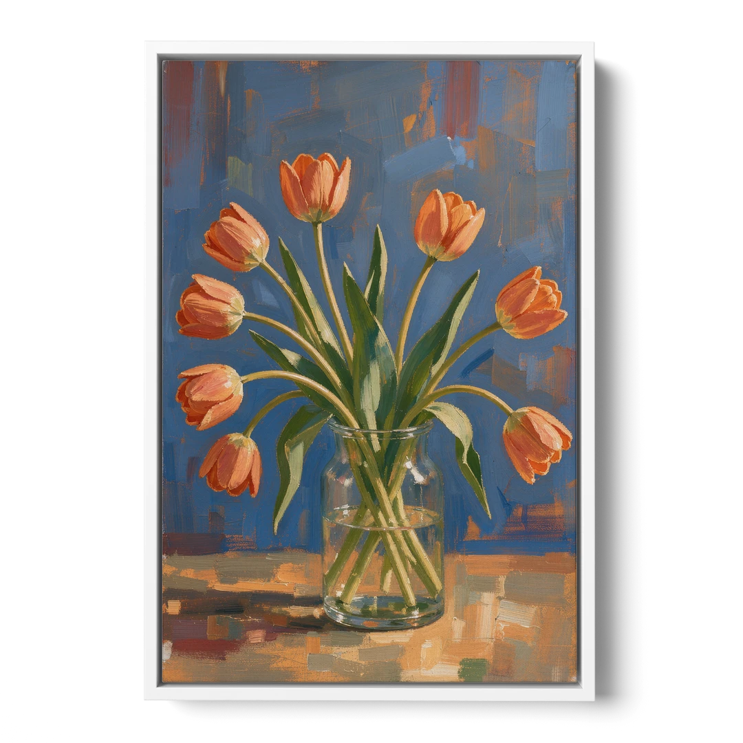 Tulip Painting Canvas in a Clear Glass Vase - White Framed Canvas Wall Art - Front