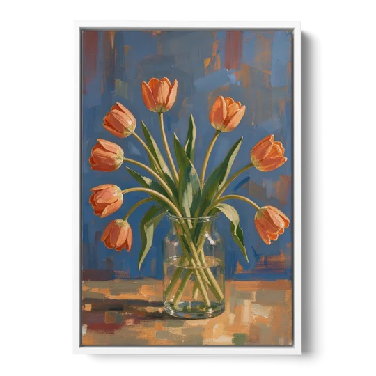 Tulip Painting Canvas in a Clear Glass Vase - White Framed Canvas Wall Art - Front