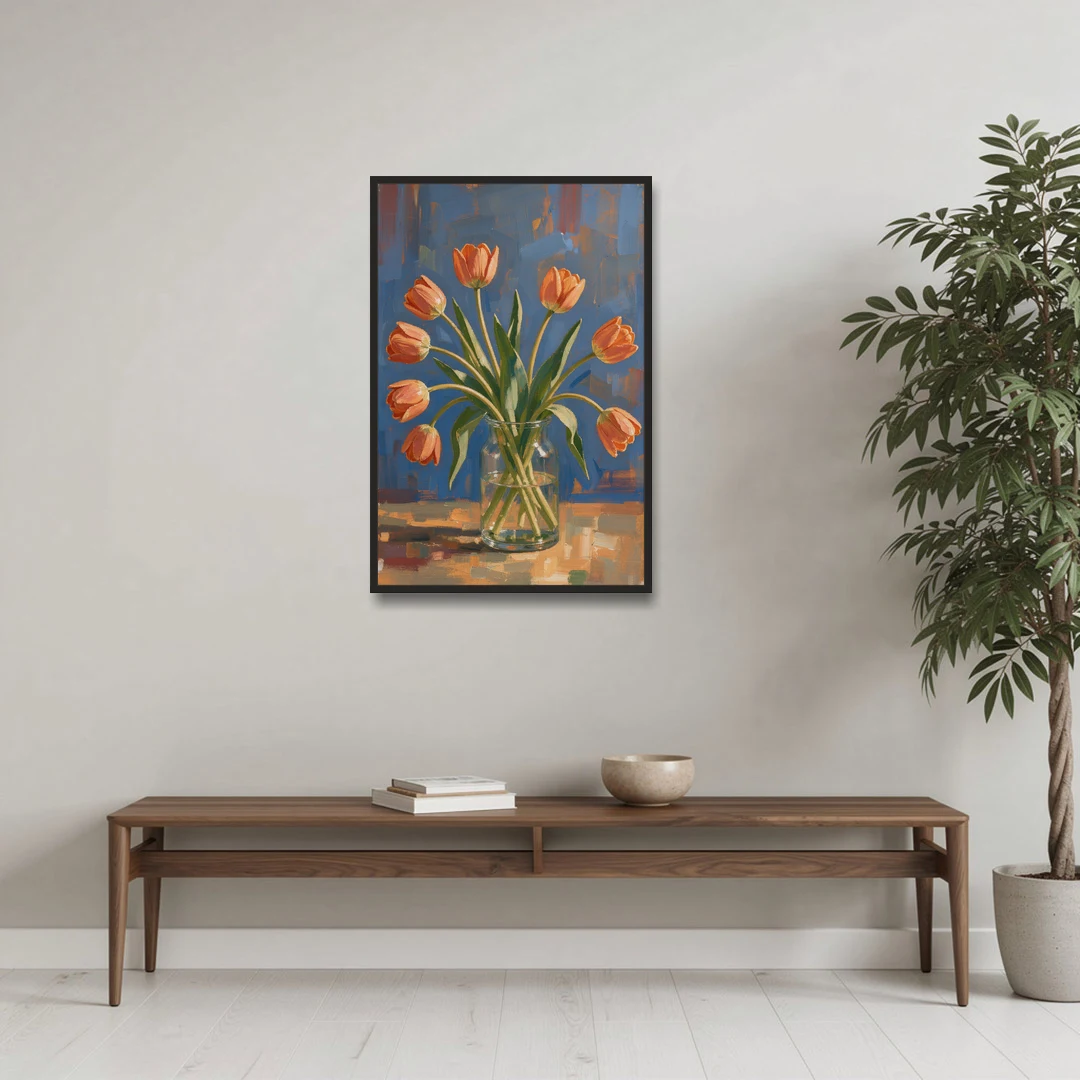 Tulip Painting Canvas in a Clear Glass Vase - Black Framed Canvas Wall Art - Coffee Table - 24x36