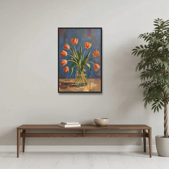 Tulip Painting Canvas in a Clear Glass Vase - Black Framed Canvas Wall Art - Coffee Table - 24x36