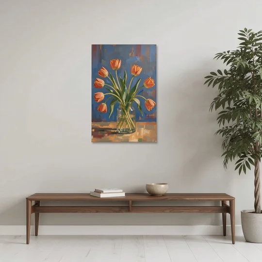 Tulip Painting Canvas in a Clear Glass Vase - Canvas Wall Art - Coffee Table - 24x36