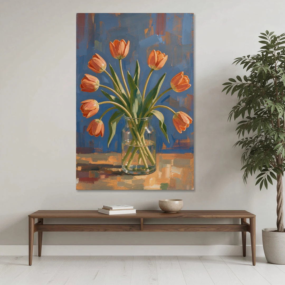 Tulip Painting Canvas in a Clear Glass Vase - Canvas Wall Art - Coffee Table - 40x60