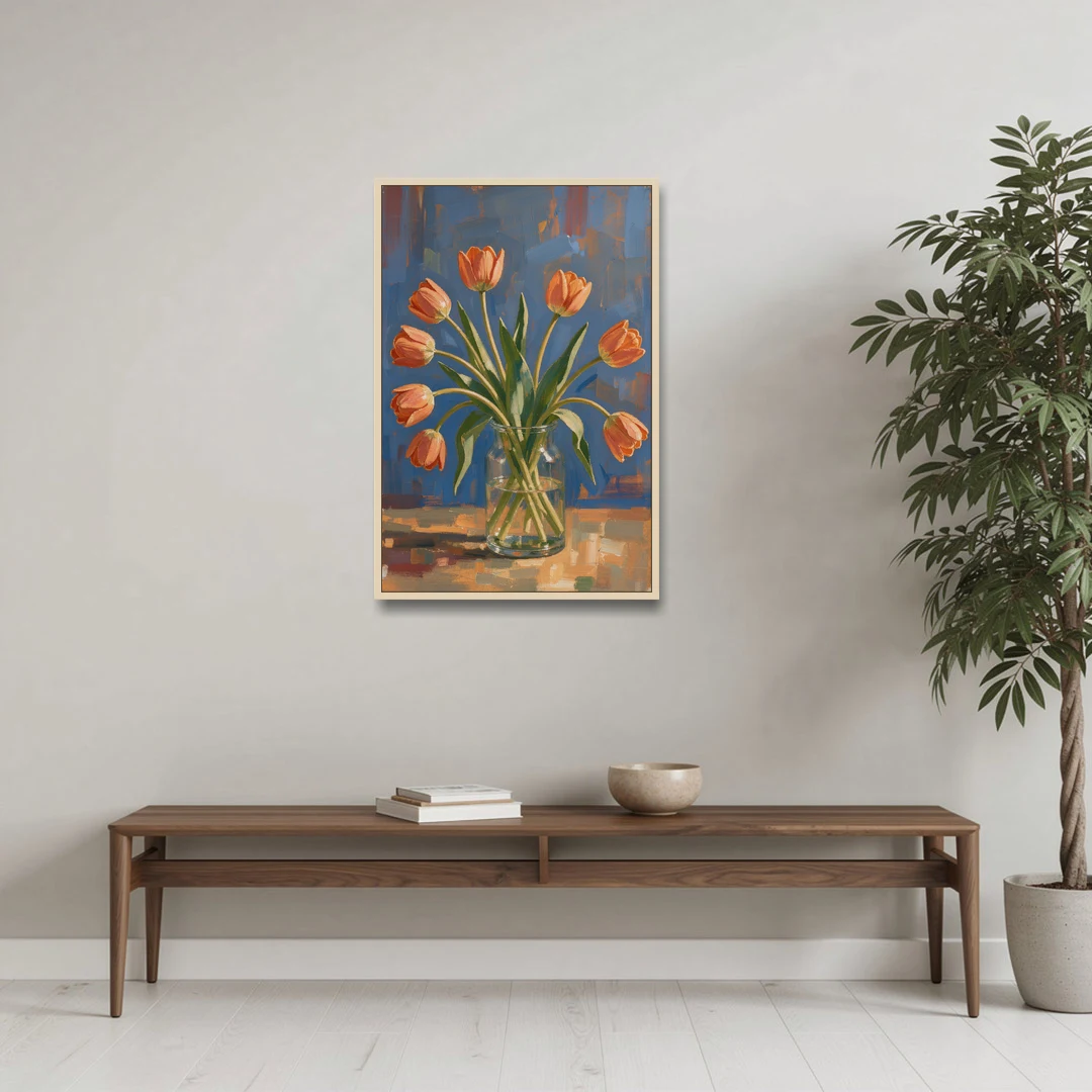 Tulip Painting Canvas in a Clear Glass Vase - Oak Framed Canvas Wall Art - Coffee Table - 24x36