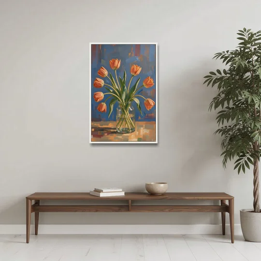 Tulip Painting Canvas in a Clear Glass Vase - White Framed Canvas Wall Art - Coffee Table - 24x36