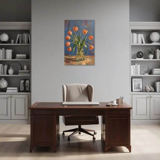 Tulip Painting Canvas in a Clear Glass Vase - Canvas Wall Art - Office - 24x36