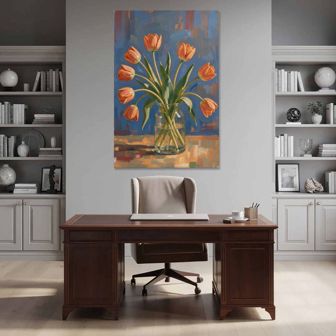 Tulip Painting Canvas in a Clear Glass Vase - Canvas Wall Art - Office - 40x60