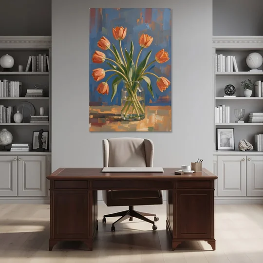 Tulip Painting Canvas in a Clear Glass Vase - Canvas Wall Art - Office - 40x60