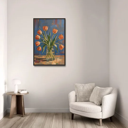 Tulip Painting Canvas in a Clear Glass Vase - Black Framed Canvas Wall Art - Sofa - 24x36