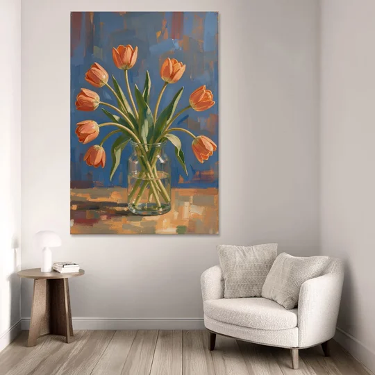 Tulip Painting Canvas in a Clear Glass Vase - Canvas Wall Art - Sofa - 40x60