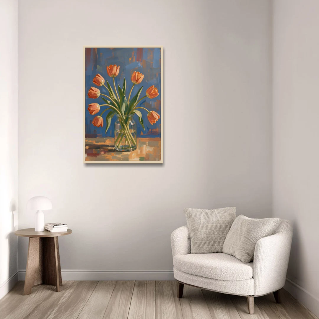 Tulip Painting Canvas in a Clear Glass Vase - Oak Framed Canvas Wall Art - Sofa - 24x36