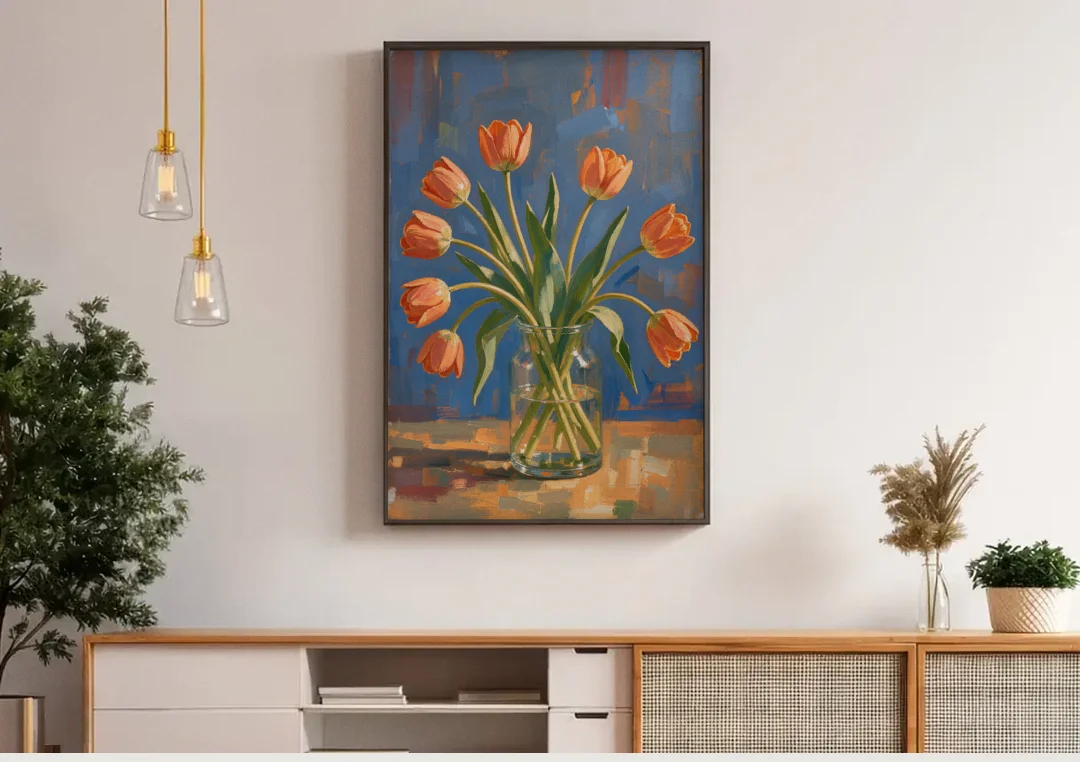 Tulip Painting Canvas in a Clear Glass Vase canvas wall art above a wooden sideboard under pendant lights