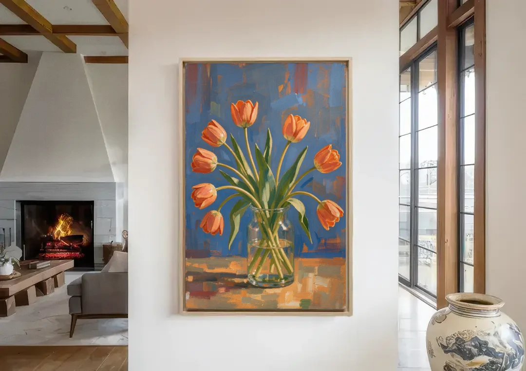 Tulip Painting Canvas in a Clear Glass Vase canvas wall art in a living room with a fireplace