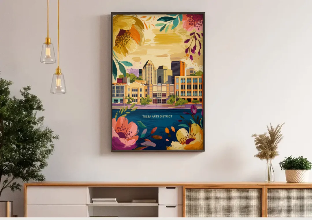 Tulsa Arts District canvas wall art above a wooden sideboard under pendant lights